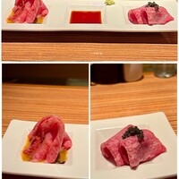 Cossott’e sp 麻布十番店 - 左：炙りユッケ 醤油ダレ
                    右：牛刺し キャビアのせ
                    ※どちらも軽く火入れをしているのでそのままで