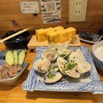 魚善 - イカのなめろう、卵焼き、ぜんな酒蒸し