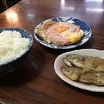 はまや - いただいた、中飯、鯵の南蛮漬け、ハムエッグ