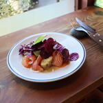Hachihare - サーモンと焼き茄子、トマトのカルパッチョ