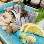 酒くれや こう野 - つぶ貝　シマアジ　〆さば