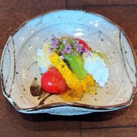 幻珠 - 先付　烏賊　ズッキーニ　トマト　椎茸　スナップエンドウ豆　出汁ゼリー