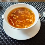 ホテルオークラレストラン名古屋 中国料理 桃花林 - ▷酸味と辛みのふかひれスープ
えのき、縦に細長く切られた豚肉や
生のインゲン？のシャキシャキ感が良い感じで

ラー油と細かな唐辛子
粗挽き胡椒の鮮烈な辛味感が心地良く