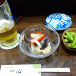 Sengyo Izakaya Isshin - 茄子とホタテのマリネ、お通しの枝豆