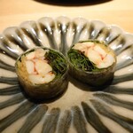 すし 波良 - 車海老、北寄貝のひも、ベビーリーフ、大葉、とろろ昆布