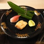 片折 - 小鯛の笹寿司、花茗荷寿司、カマス一夜干し