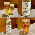 杏樹亭 岸根店 - 「生小（Asahiスーパードライ）（税抜￥550）」「生中（Asahiスーパードライ）（税抜￥680）」、「地酒冷酒（税抜￥800）」の「天山 夏吟」、「ウーロン茶（税抜￥398）」