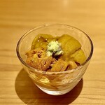 すしやのたい悟 - おまかせおつまみ② 雲丹と汲み上げ湯葉とマスカルポーネ。バフンウニとムラサキウニの共演♡ これはお酒が進む〜♬.*ﾟ
