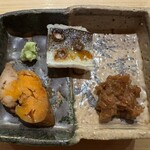 佐野鮨 - かます、あん肝、甘海老の甘江戸味噌和え