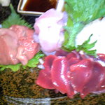 泳ぎイカ 炭火焼き 九州魂 - 鶏刺身3種
