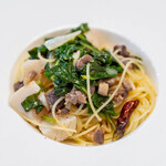 館山美食倶楽部 - 2025.7 イノシシの自家製パンチェッタとホタテの自家菜園バジル冷製カッペリーニ カラスミ添え