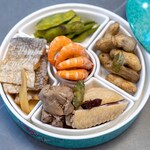 館山美食倶楽部 - 2025.7 紹興酒の酒粕漬け盛り合わせ（枝豆、生落花生、天使の海老、鶏手羽、鶏レバー、太刀魚）