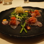 東郷 - お造り 本日の鮮魚 ポン酢ドレッシングのサラダと一緒にさっぱりと 2014.9.2x