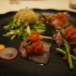 東郷 - お造り 本日の鮮魚 ポン酢ドレッシングのサラダと一緒にさっぱりと 2014.9.2x