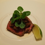 東郷 - 肉 黒毛和牛サーロインステーキ 赤ワインと玉葱のハニーソース こなすの揚げ浸し添え 2014.9.2x