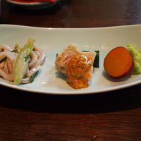 青菜 丸の内ブリックスクエア店 - 前菜　イカと野菜の中華風マリネ　棒棒鶏　金時さつま芋+枝豆のおから