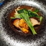 玉峰館 - 黒むつ雲丹焼き　小松菜と薄揚げ煮浸し