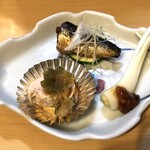 いな穂 - お通し（あん肝・鰯の甘露煮・エシャロット）