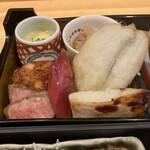 和み酒 仁 - 口取り（ローストビーフ、薩摩揚げ、とうもろこしすり流し、酢取り茗荷、まながつお西京焼き、鱚天ぷら、蛸とセロリの酢の物）