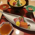 界 秋保 - 八寸　南京豆腐 赤味噌たれ、合鴨ロース、赤南京の茶巾包み、穴子と山くらげの錦糸、トマトと梅海老の琥珀寄せ、クリームチーズ有馬味噌漬け お造り　盛り合わせ 酢の物　北寄貝と若芽