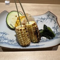 鮨 一 - ヤングコーン(串焼き)＆ホタテのズッキーニ挟み焼き、高菜