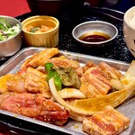 正泰苑 - 「和牛中落ちカルビ」につられて注文　メニューをよく見ると豚バラ肉と日向鶏と野菜のミックスでした　文字小さい！