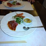 志喜亭 - マグロのカルパッチョ　赤座海老　トウモロコシの冷製茶碗蒸し