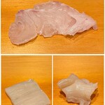 鮨 はしもと - お刺身
      写真上：クエ 山口県萩より
      写真右下：ミル貝
      写真左下：平貝