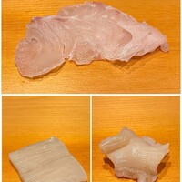 鮨 はしもと - お刺身
                    写真上：クエ 山口県萩より
                    写真右下：ミル貝
                    写真左下：平貝