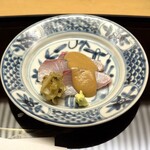 木山 - ・三重県 伊勢市産 勘八のお造り、緑ナス醤油、花らっきょうと青瓜の赤紫蘇和え