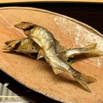 木山 - ・鮎の塩焼き、濁酒と粥と蓼のソース