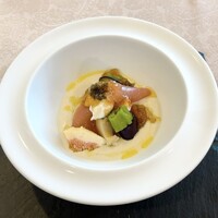 セル ドール - 前菜　生ハム、鮑、イチジクとカッペリーニ茄子ソース