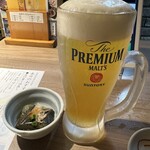 さかな市場  広島総本店 - お通しと生ビール