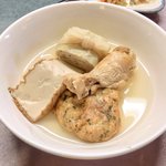 おでん め組 - <'14/09/22撮影>本日のめ組定食 1080円 の烏賊ミンチ大根巻、厚揚げ、鶏腿肉、南瓜カレ風包煮