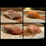 鮨 今尽 - (左上)春子鯛✨
      (右上)北海道の鱒✨
      (左下)縞鰺✨
      (右下)大将特製ガリ✨甘酢仕立てではなく大人的サッパリタイプ✨