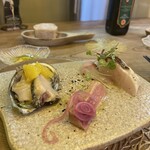 シクラメンテ - 蝦夷あわび オレンジソース、ちかめキントキ、中トロ