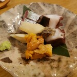 喬司 - お造り（蒸あわび・たこぶつ・しまあじ・生うに）