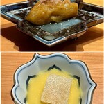 鮨 つぼみ - 写真上：焼き茄子の煮浸し
      とろりとした茄子に味が良く染みてます♪
      写真下：玉蜀黍のすり流し
      油揚げ（愛媛県・松山あげ）をクルトン代わりに
      出汁を使った和風コーンスープです♪