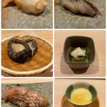 鮨 今尽 - ●石垣貝(岩手県)●イワシ(北海道)●黒アワビ(千葉県房総)●黒アワビ(千葉県房総)スライス肝和え※残った肝に酢飯を入れたら絶品●のどぐろ(長崎県対馬)●ホタテ茶碗蒸し