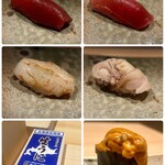 鮨 今尽 - ●漬けマグロ(青森県竜飛岬)●中トロ(青森県竜飛岬)●ボタンエビ(北海道戸井)●ハマグリ(茨城県鹿島)●ウニ木箱●ウニ軍艦※大将がサービスしてくれました(*´︶`*)