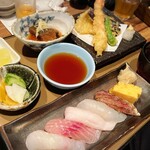 サカナキュイジーヌ・リョウ - 天ぷら五点盛りと近海握り寿司御膳　3,500円