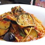 Homemade pancetta and eggplant pasta with tomato sauce