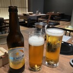 羊と饂飩 - 飲み放題付なので、ビールとノンアルでカンパイ