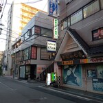 海鮮料理 ぐろっと - 外観遠景（店舗入口は袖看板路地を右に折れる）