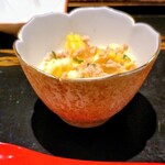 銀座焼とり 京丹波 - とうもろこしのムース、鶏そぼろ乗せ