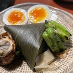 瓢亭 - 小鯛笹寿司　焼きしし唐　穴子八幡巻き　有名なゆで卵