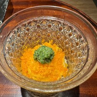 炭焼 TORI8 - 冷製お出汁の卵麺 上にオクラ塩漬けと卵黄　◎