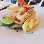 AMMO - Fritto Misto with baby red prawn, scallop, squid, tiger prawn, asparagus and zucchini