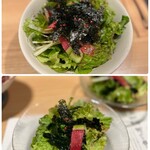 焼肉みゆき苑 - ガラスの器に3人でシェアです。
サニーレタスに、キュウリ、水菜、紅心大根、トッピングの韓国海苔に
チョレギサラダドレッシングがかけられています。
シャキシャキ新鮮お野菜が美味しいですね♪( ´▽｀)