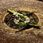 アニエルドール - 北海道のジェットファーム産アスパラガスの爽やかな香り。金沢の金時草のフリットが添えられ、その上にコリアンダーの花が優しく舞います。